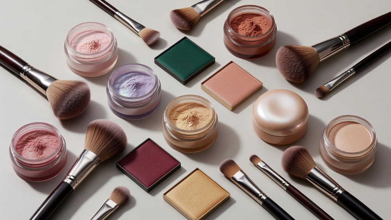 Color cosmetics and makeup brushes arranged as an editorial study of beauty trend materials