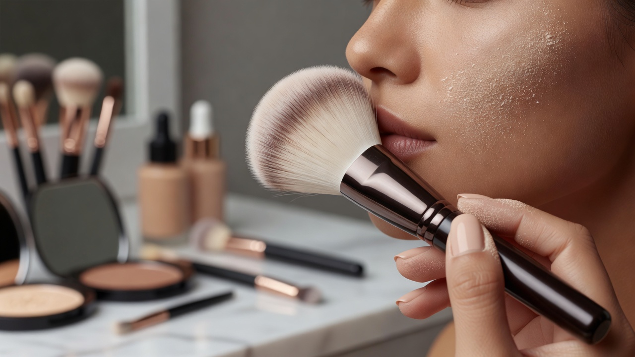 A makeup brush used during a close-up cosmetic application demonstration